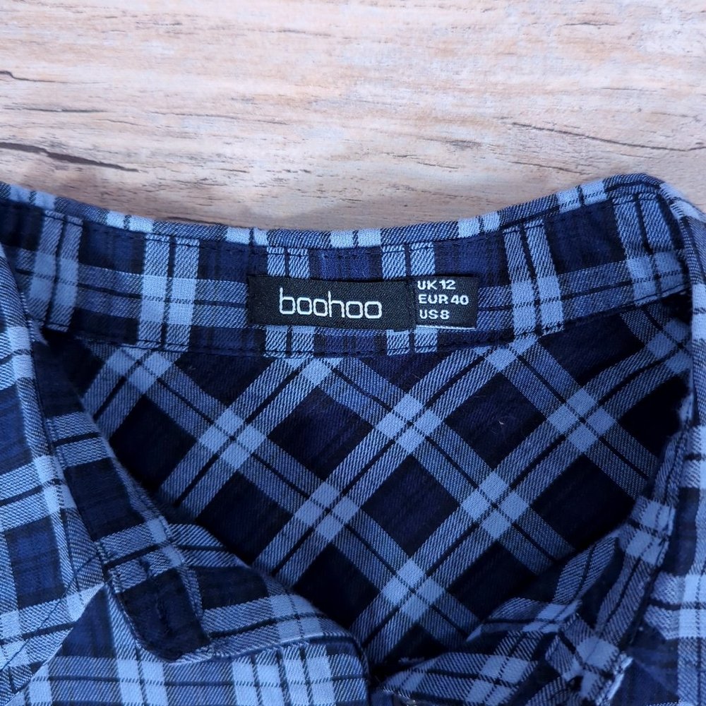 WORN ONCE ASOS BooHoo Blue Plaid Leg of Mutton Sleeve Buttondown Shirt Dress 80s - Picture 7 of 9